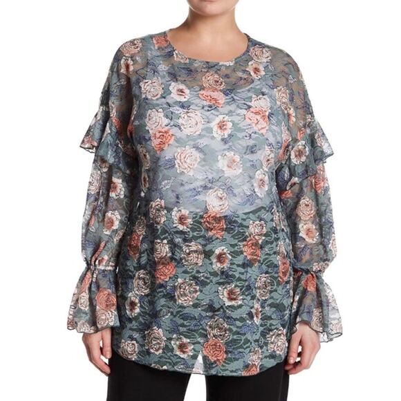 Melrose & Market Sheer Floral Ruffle Green Lace Blouse 2x - Picture 1 of 8